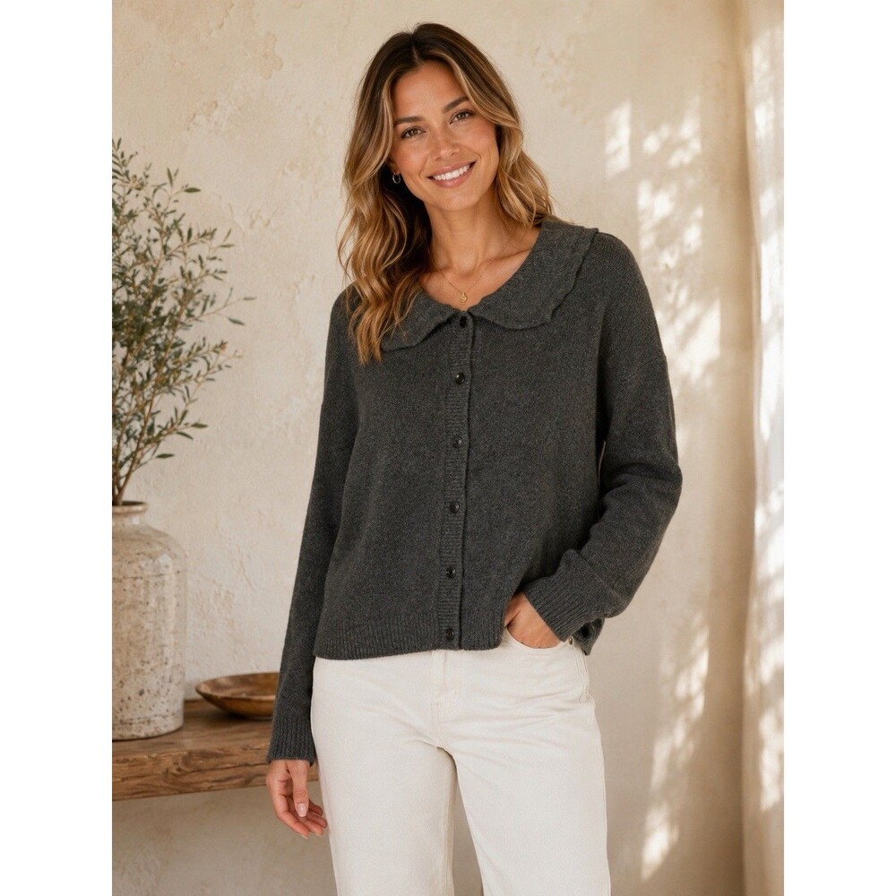 Soft Peter Pan Collar Cardigan Sweater Gray Button Front Cozy Knit Womens Large